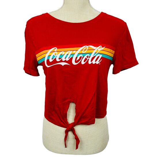 Coca-Cola Crop Top Cropped T-Shirt Knot Tie Crew Neck Colorful Womens Size M Red - Picture 1 of 8